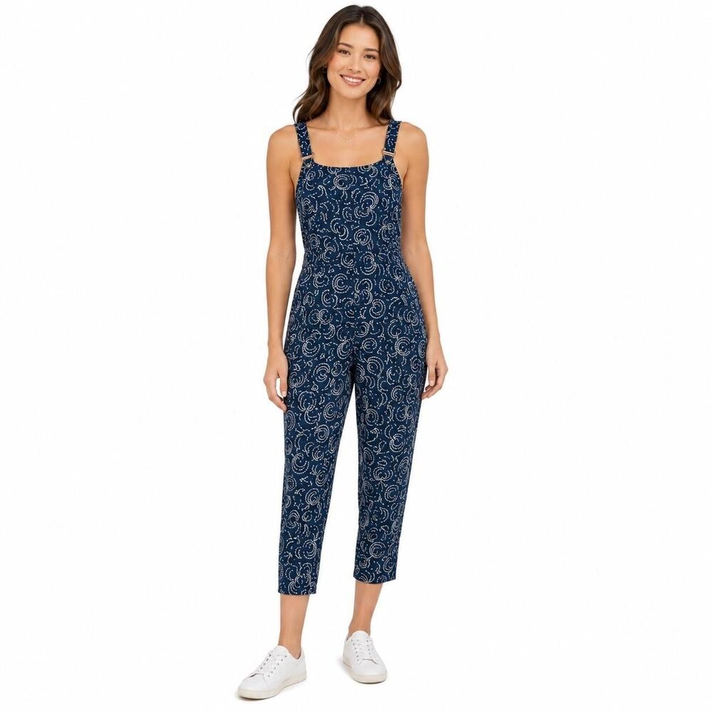 Maeve Overall Womens XS Blue Geometric Sleeveless Square Neck Pockets Casual